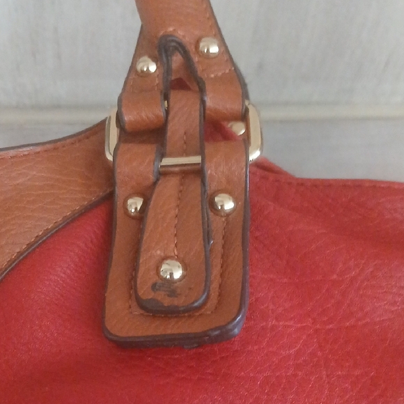 Michael Kors Red and Tan Shoulder Bag with Metallic Accents Double Handles - Picture 4 of 12